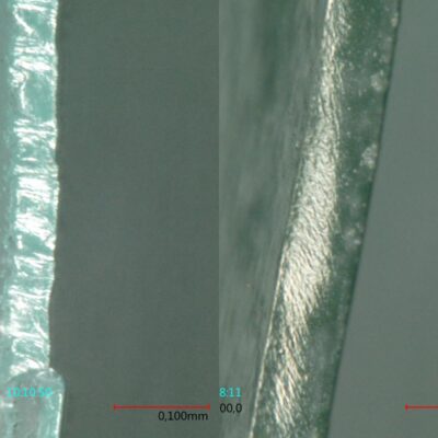 Blick in weiches Kontaktlinsen- Material auf die Silikonkanäle für den Sauerstoff durch einen Riss